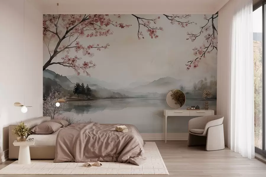 Wall Mural Photo Wallpaper calm watercolor landscape with a lake and a flowering tree w03282