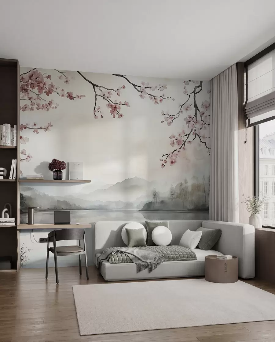 murales tranquilo paisaje en acuarela con un lago y un árbol en flor w03282