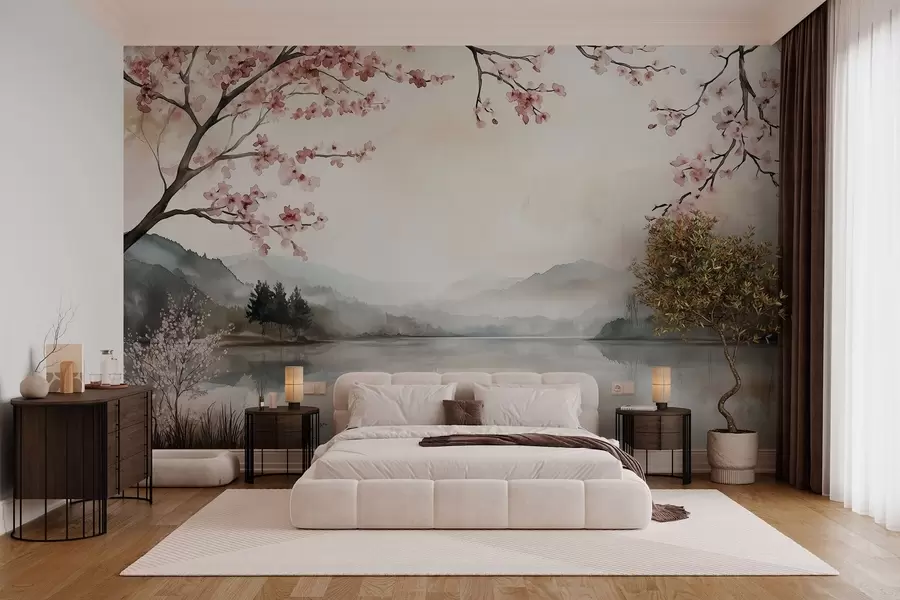 Wall Mural Photo Wallpaper calm watercolor landscape with a lake and a flowering tree w03282