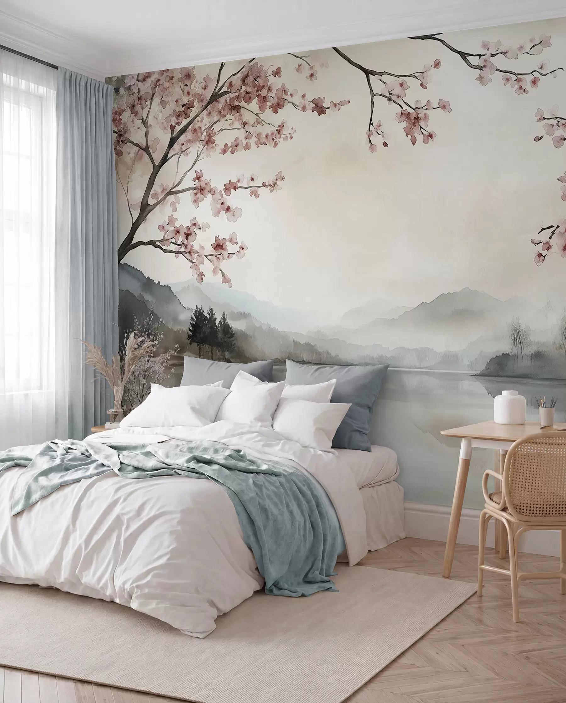 wall murals calm watercolor landscape with a lake and a flowering tree w03282