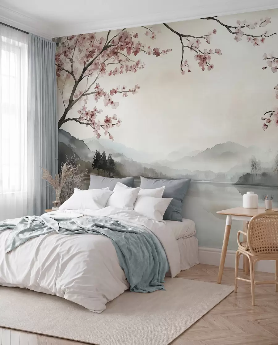 wall murals calm watercolor landscape with a lake and a flowering tree w03282