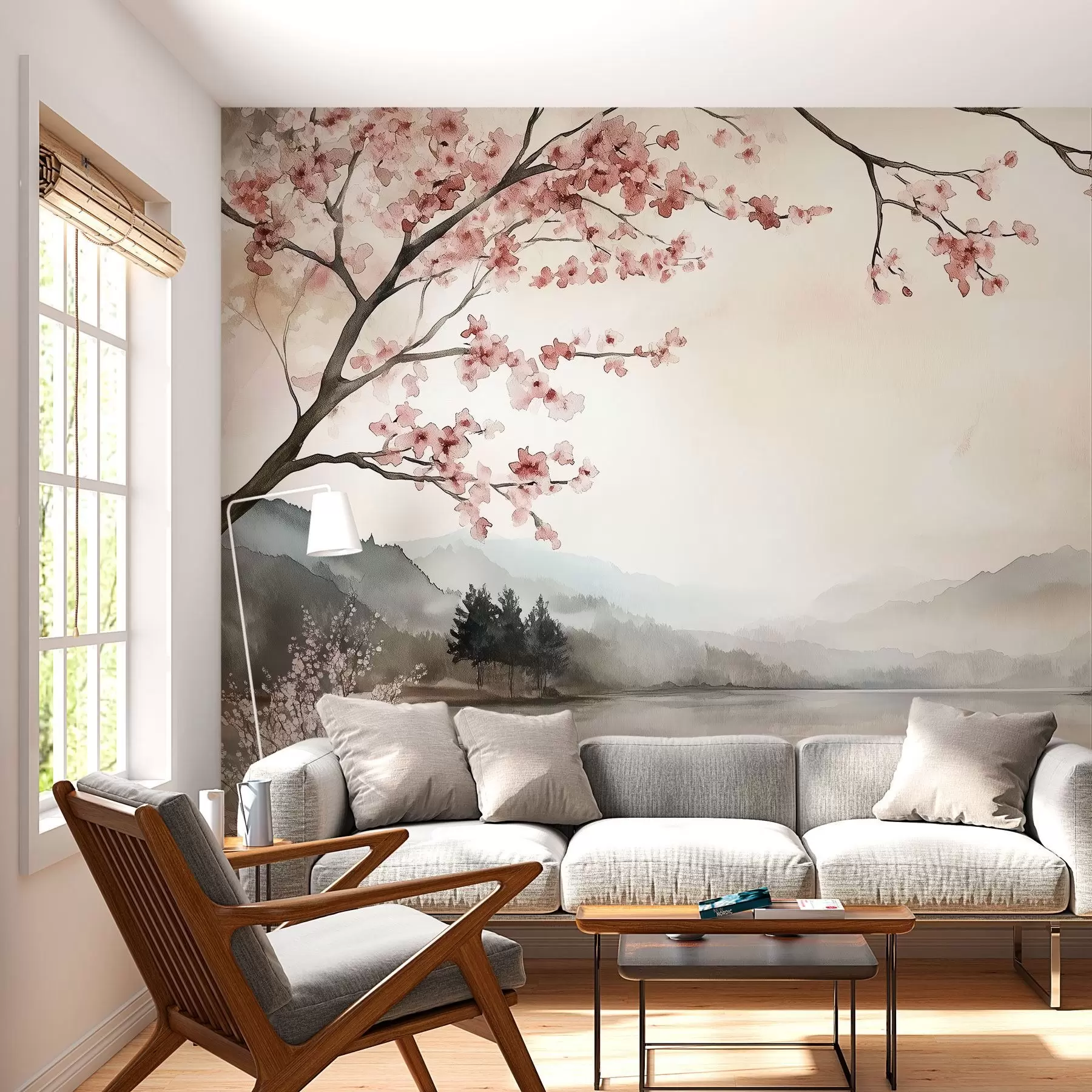 peintures murales paysage calme à l'aquarelle avec un lac et un arbre en fleurs w03282