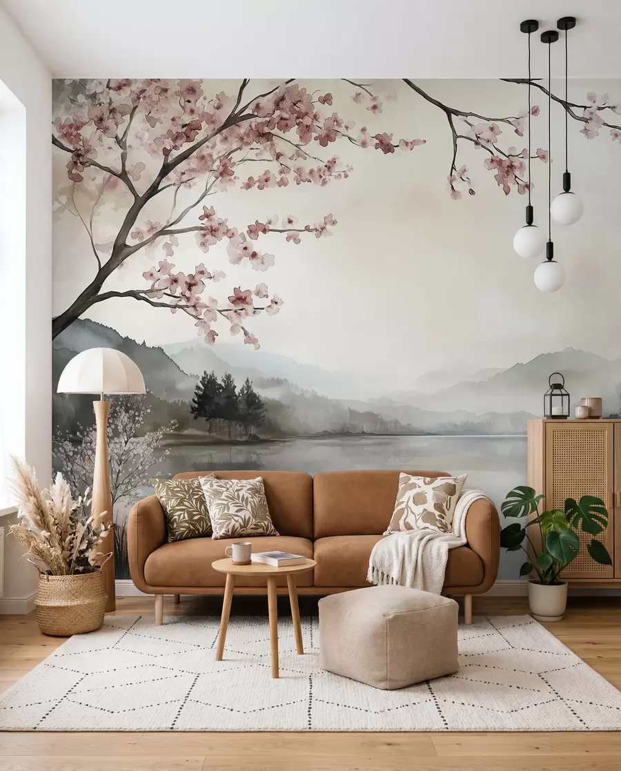 Wall Mural Photo Wallpaper calm watercolor landscape with a lake and a flowering tree w03282