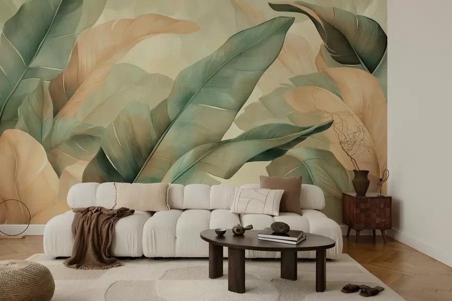 Wall Mural Photo Wallpaper large tropical foliage in green and peach shades w03286