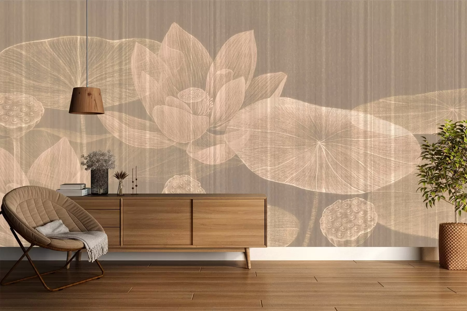 wall murals Elegant illustration of lotuses and lily pads in pastel shades with a textured linen effect, w03324v2