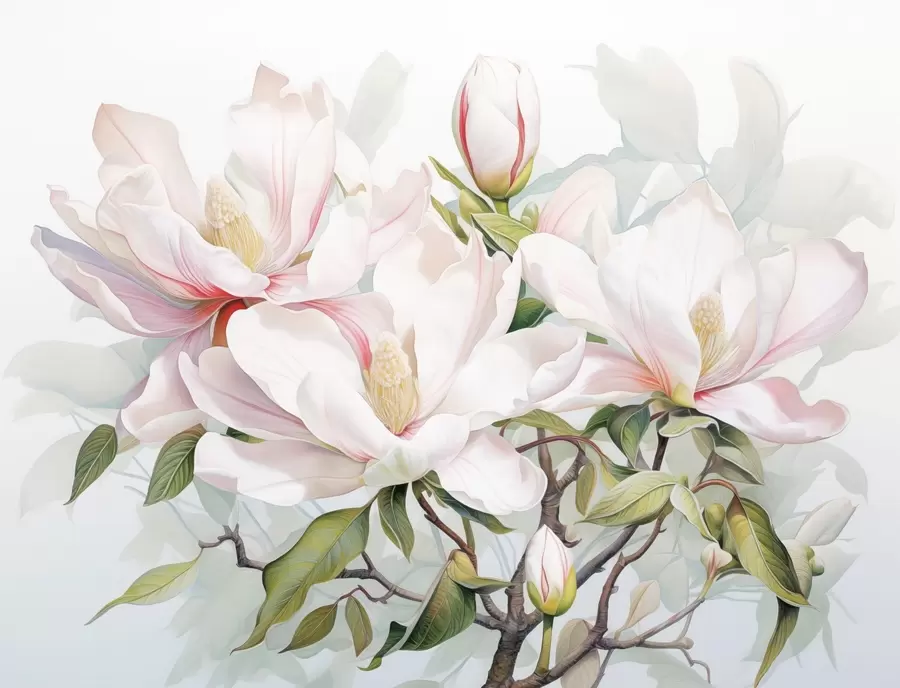 wall murals Magnolia flowers with white and pink petals, leaves and brown branches, soft and delicate watercolor style w08885
