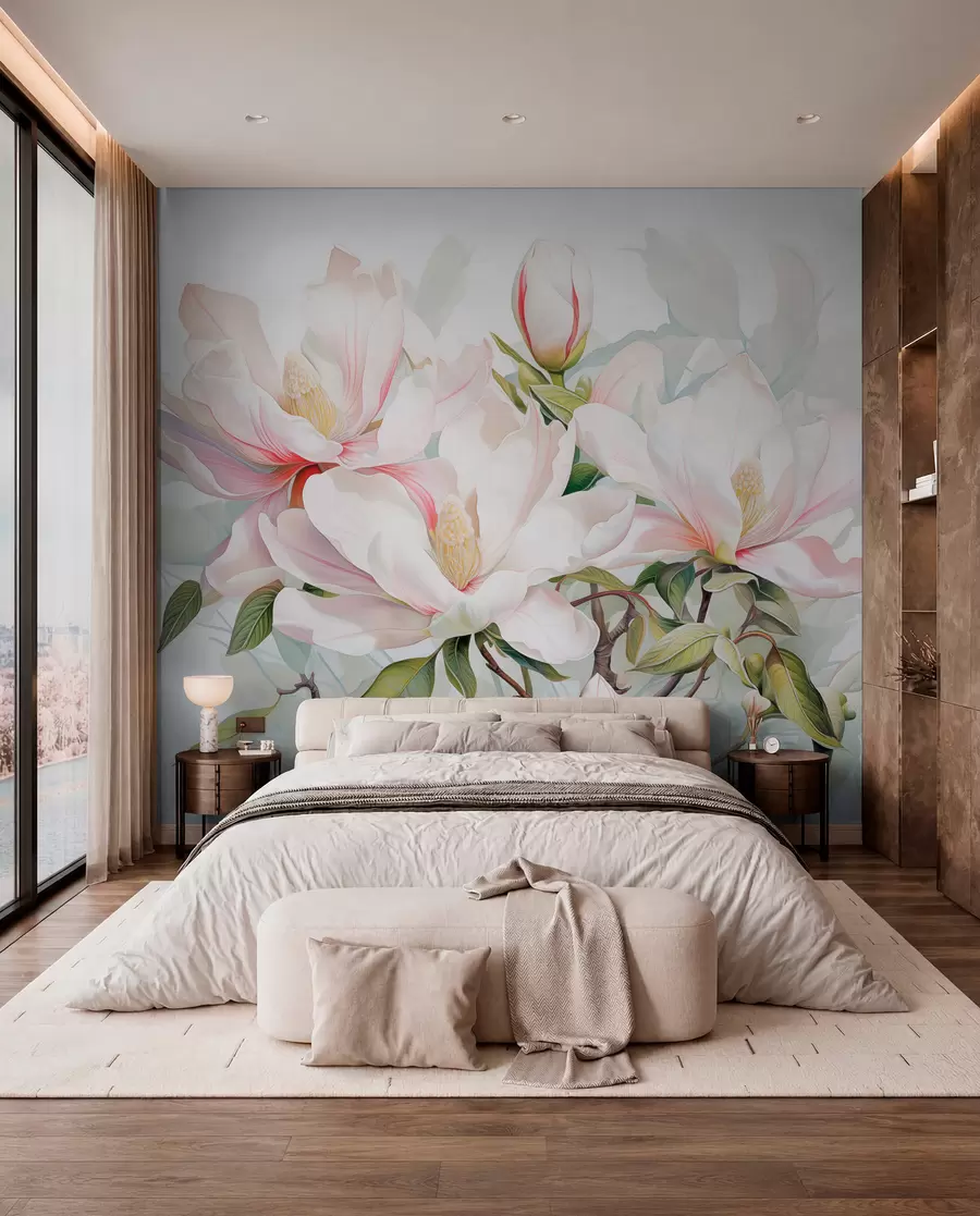 wall murals Magnolia flowers with white and pink petals, leaves and brown branches, soft and delicate watercolor style w08885