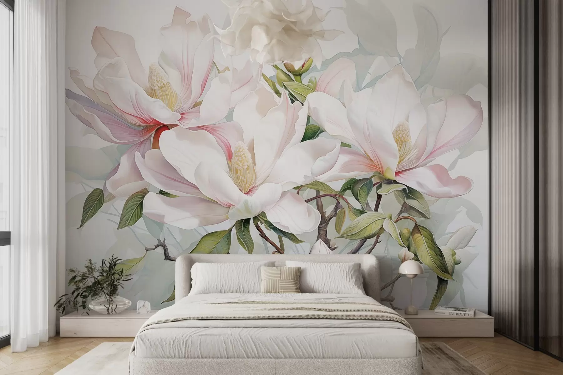 Wall Mural Photo Wallpaper Magnolia flowers with white and pink petals, leaves and brown branches, soft and delicate watercolor style w08885