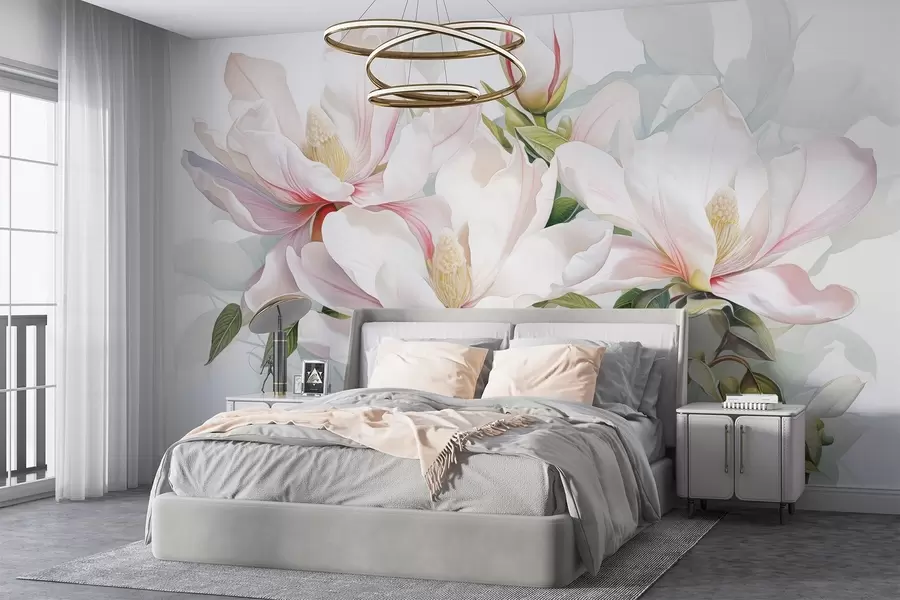 Wall Mural Photo Wallpaper Magnolia flowers with white and pink petals, leaves and brown branches, soft and delicate watercolor style w08885