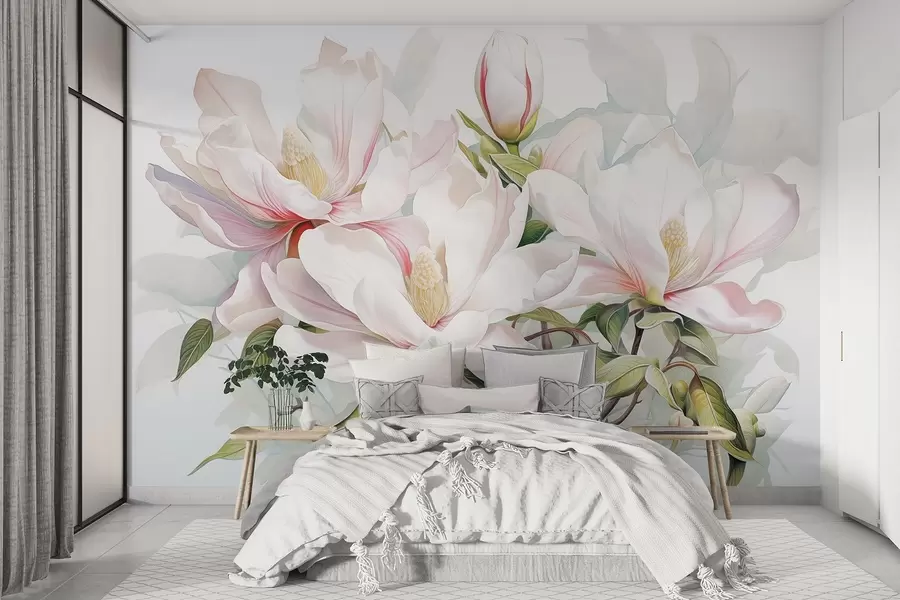 Wall Mural Photo Wallpaper Magnolia flowers with white and pink petals, leaves and brown branches, soft and delicate watercolor style w08885