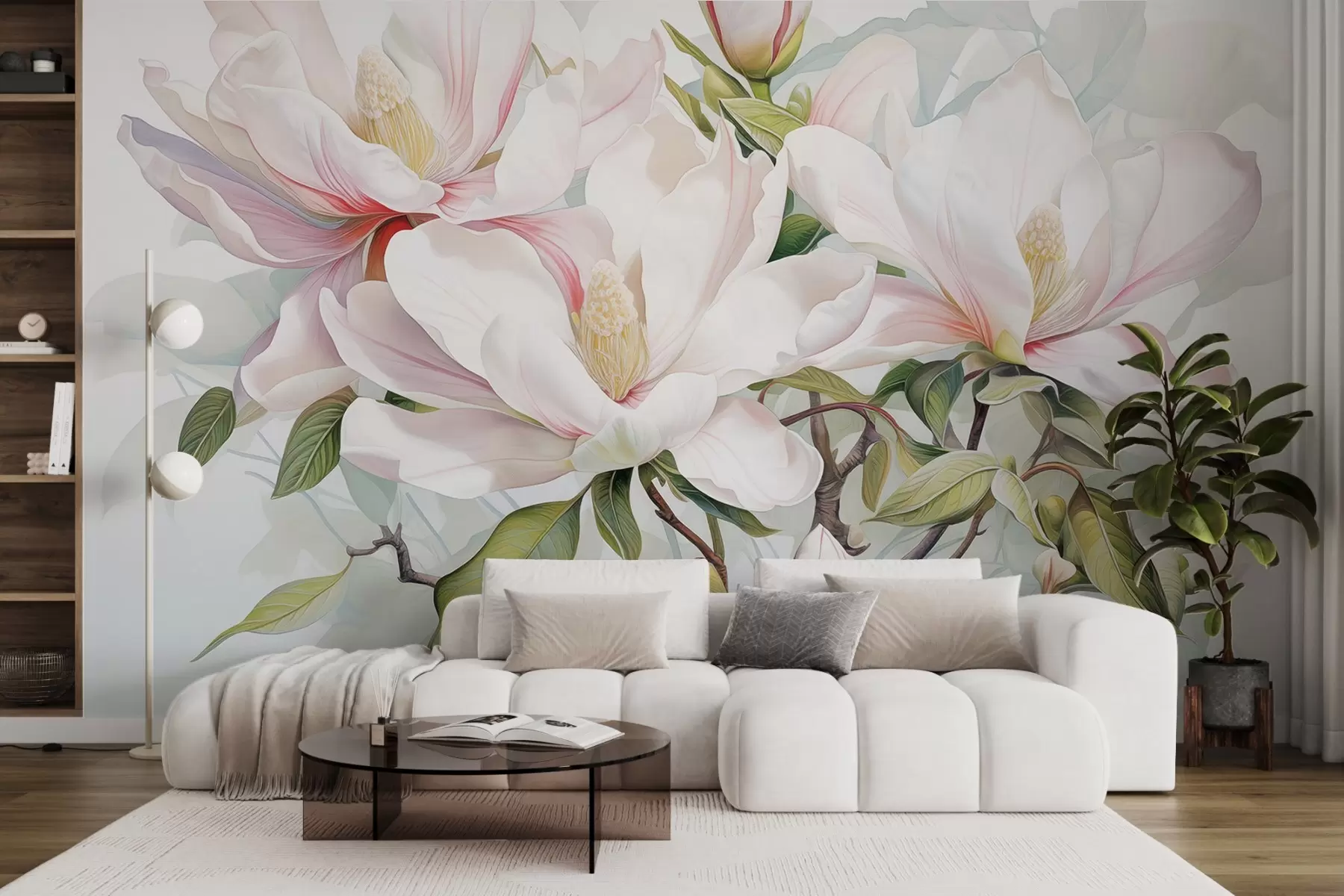 peintures murales Fleurs de magnolia aux pétales blancs et roses, feuilles et branches brunes, style aquarelle douce et délicate w08885