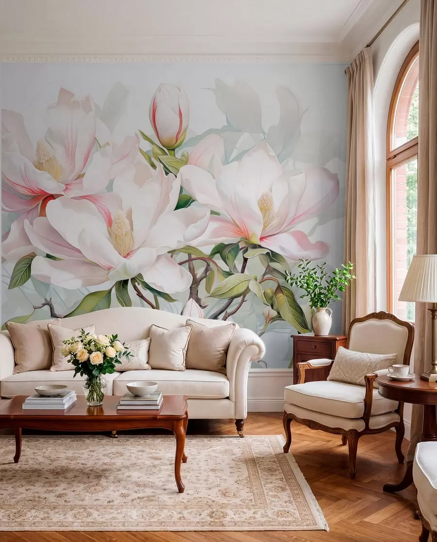 Wall Mural Photo Wallpaper Magnolia flowers with white and pink petals, leaves and brown branches, soft and delicate watercolor style w08885