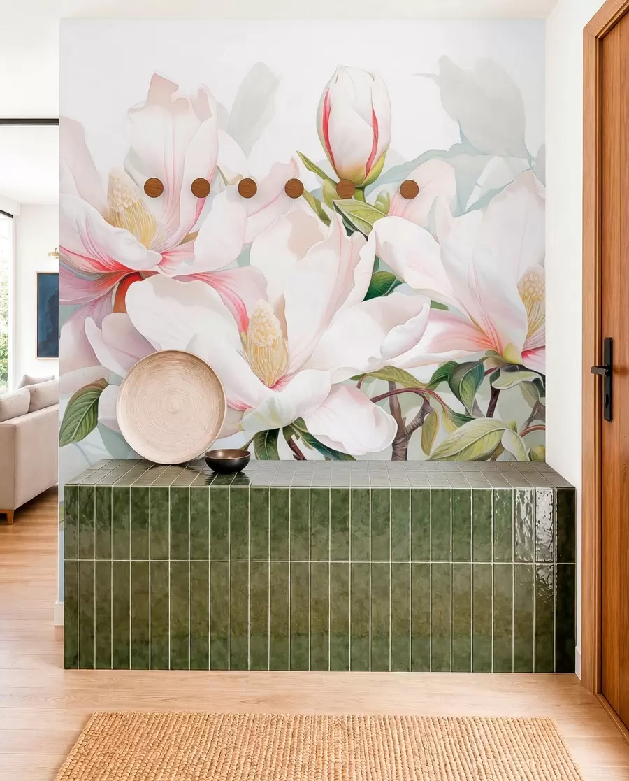 peintures murales Fleurs de magnolia aux pétales blancs et roses, feuilles et branches brunes, style aquarelle douce et délicate w08885