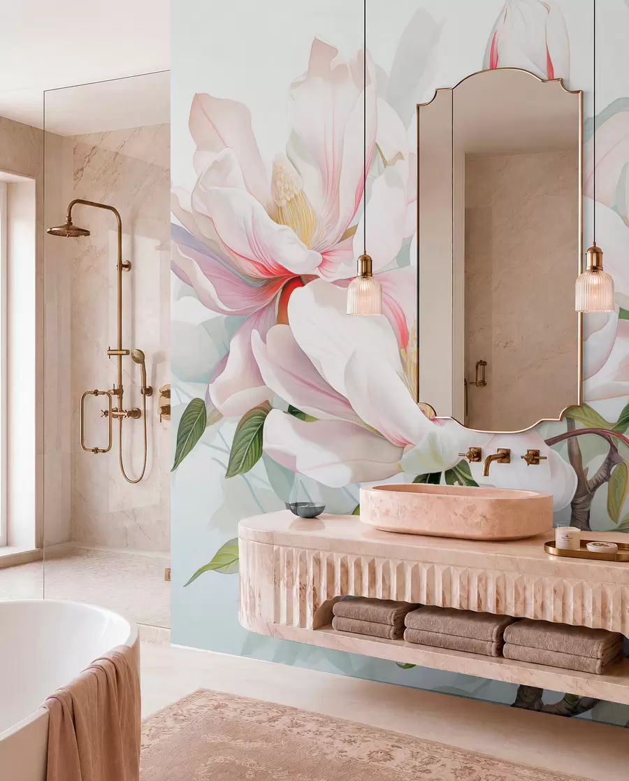 wall murals Magnolia flowers with white and pink petals, leaves and brown branches, soft and delicate watercolor style w08885