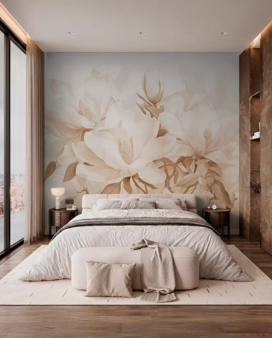 wall murals Magnolia flowers with white and beige petals, leaves and brown branches, soft and delicate watercolor style w08886