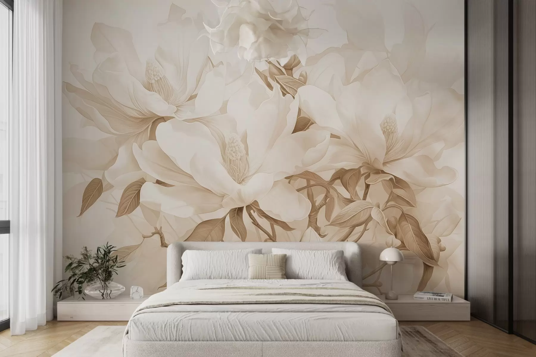 Wall Mural Photo Wallpaper Magnolia flowers with white and beige petals, leaves and brown branches, soft and delicate watercolor style w08886