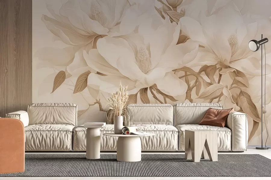 Wall Mural Photo Wallpaper Magnolia flowers with white and beige petals, leaves and brown branches, soft and delicate watercolor style w08886