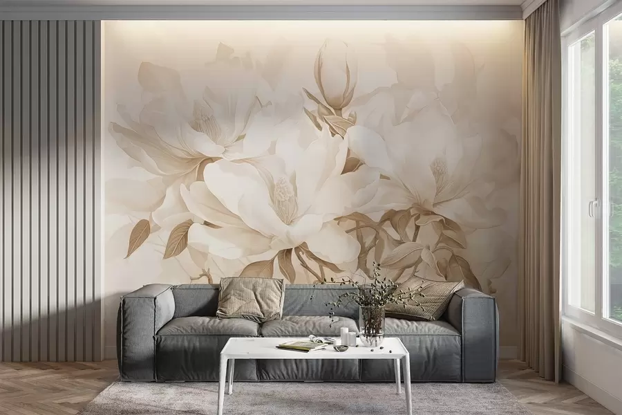 Wall Mural Photo Wallpaper Magnolia flowers with white and beige petals, leaves and brown branches, soft and delicate watercolor style w08886