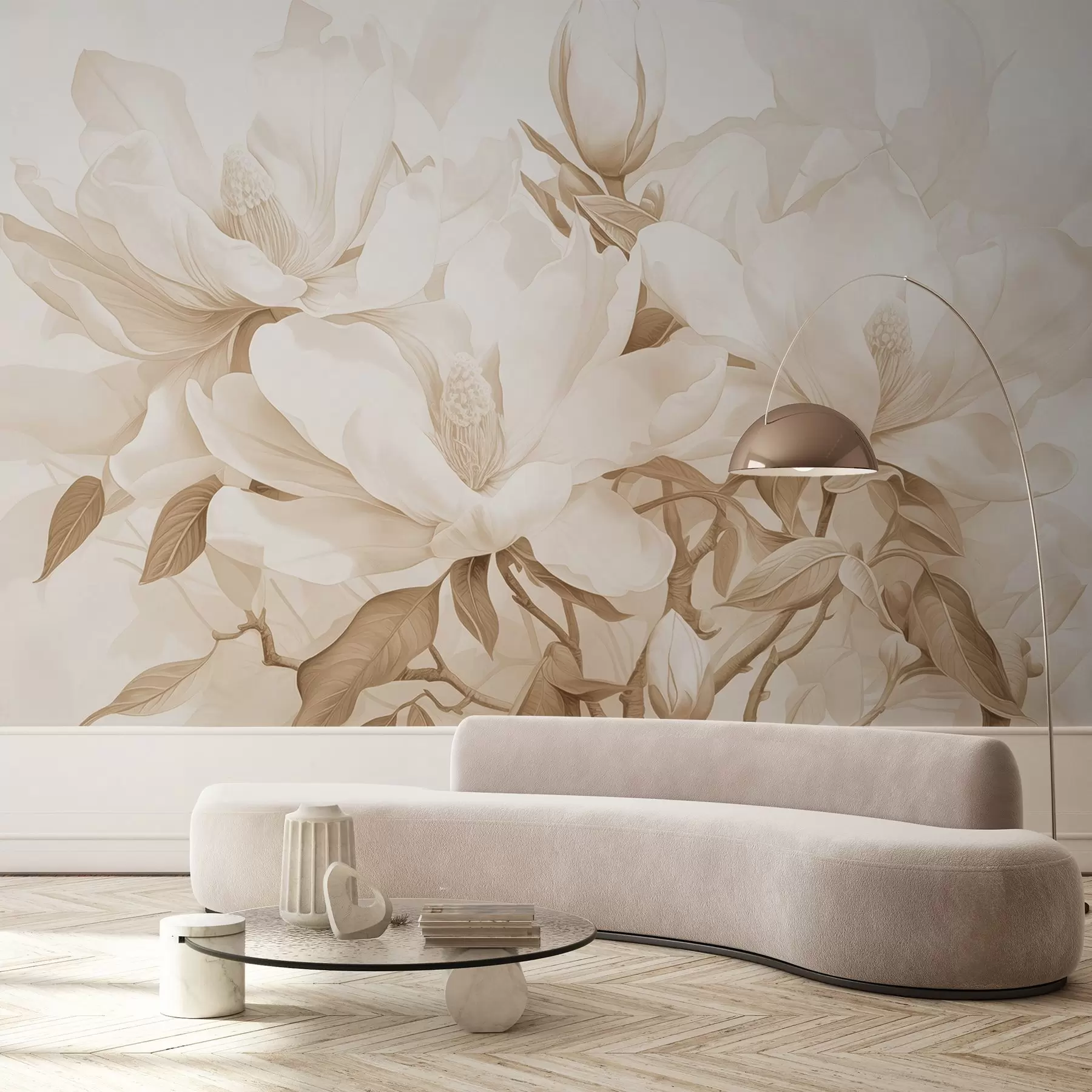 Wall Mural Photo Wallpaper Magnolia flowers with white and beige petals, leaves and brown branches, soft and delicate watercolor style w08886