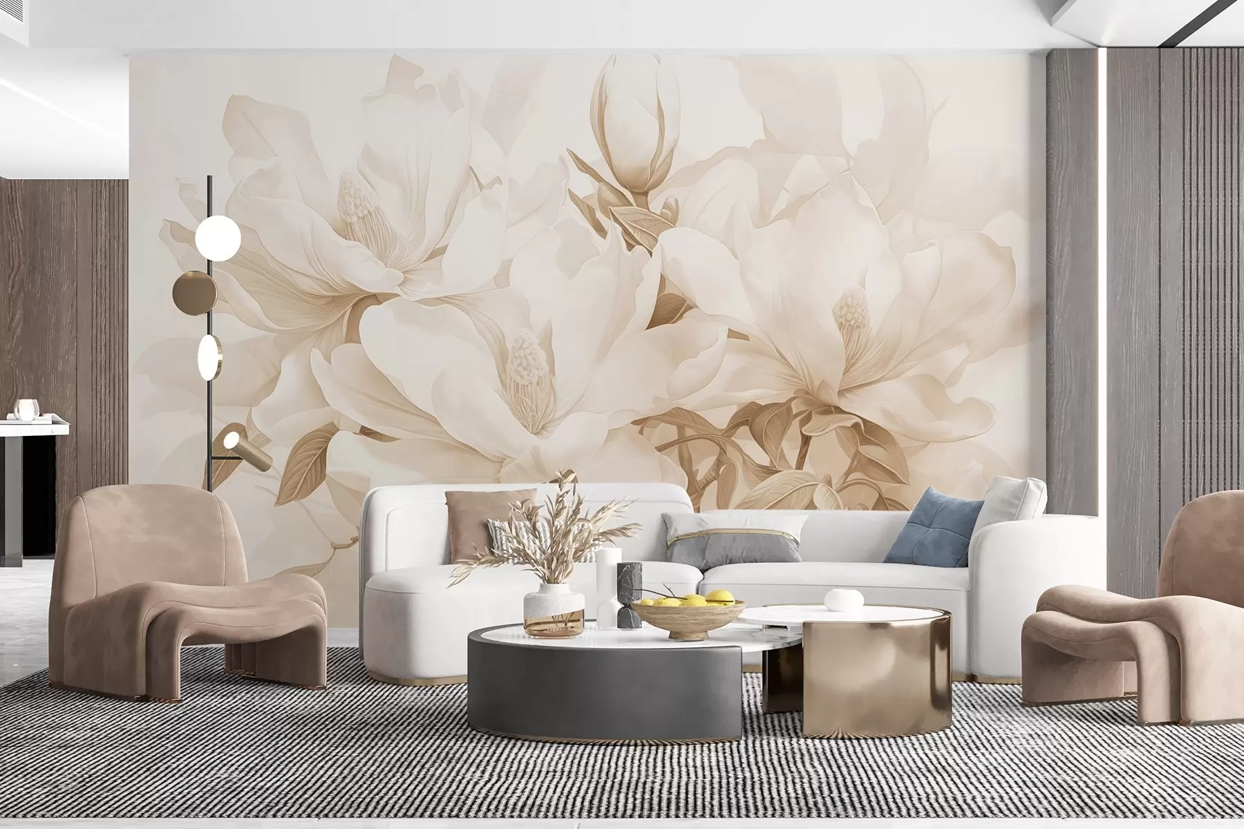 Wall Mural Photo Wallpaper Magnolia flowers with white and beige petals, leaves and brown branches, soft and delicate watercolor style w08886