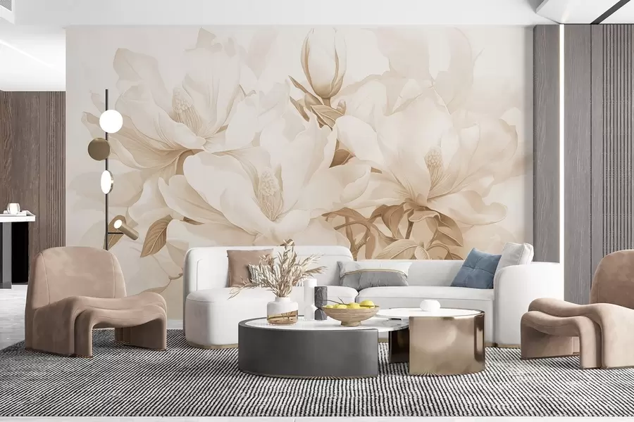 murales Flores de magnolia con pétalos blancos y beige, hojas y ramas marrones, estilo acuarela suave y delicada w08886