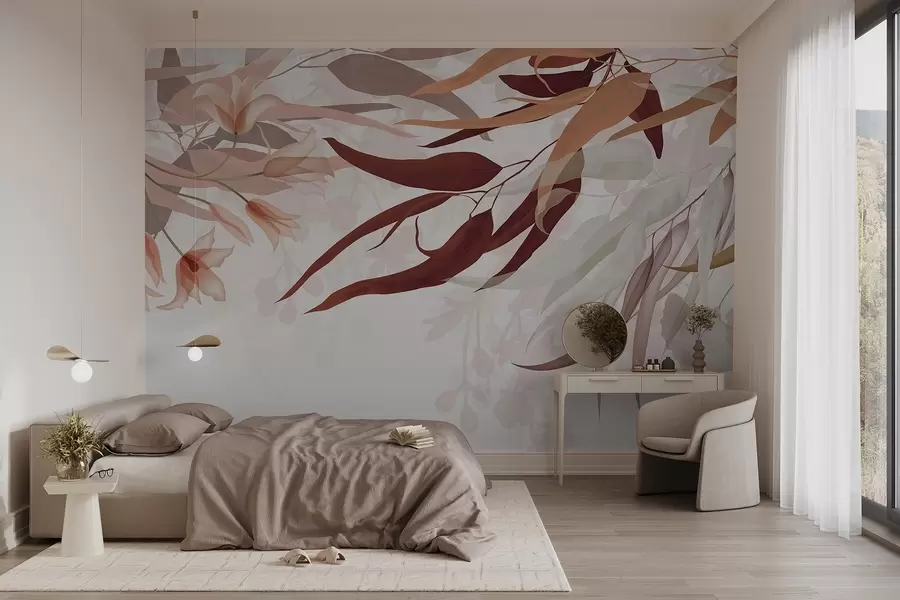 murales Hojas de eucalipto en tonos bordo, beige y blanco con delicadas flores y ramas sobre fondo blanco w08887