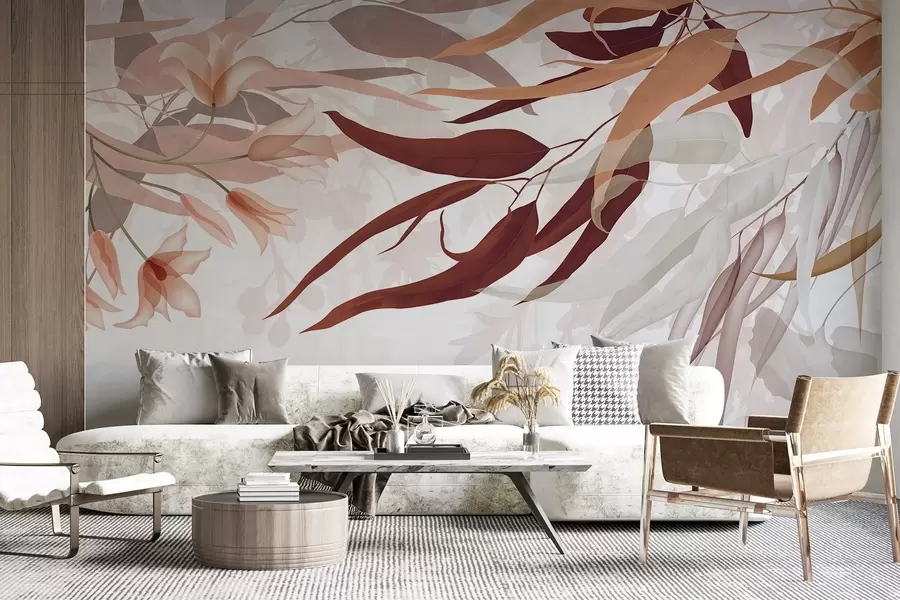 Wall Mural Photo Wallpaper Eucalyptus leaves in shades of bordo, beige and white with delicate flowers and branches on a white background w08887