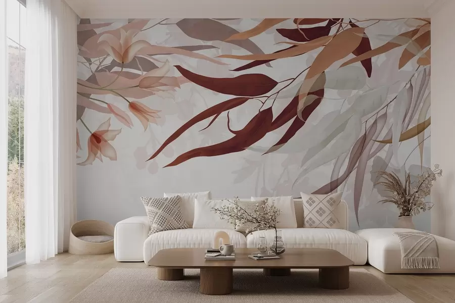 Wall Mural Photo Wallpaper Eucalyptus leaves in shades of bordo, beige and white with delicate flowers and branches on a white background w08887