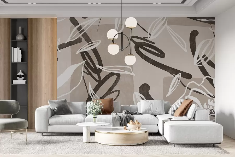 murais de parede Design moderno e minimalista com textura abstrata e elementos florais numa paleta de cores bege neutra w08888
