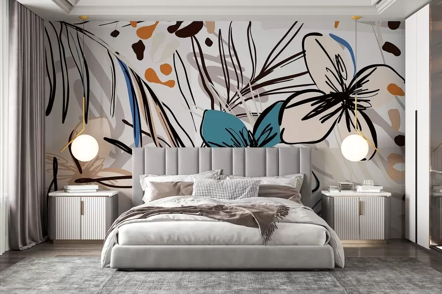 murales Estampado abstracto moderno con hojas de palmera tropicales, flores azules y beige, líneas negras, fondo claro w08889