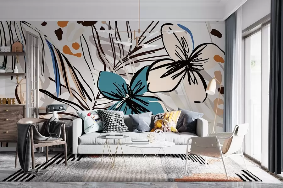 murales Estampado abstracto moderno con hojas de palmera tropicales, flores azules y beige, líneas negras, fondo claro w08889