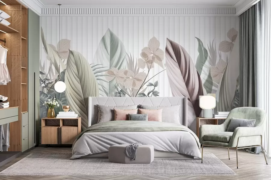 Wall Mural Photo Wallpaper Tropical leaves with soft pastel colors, light green , light pink and light brown, vertical lines in the background w08892