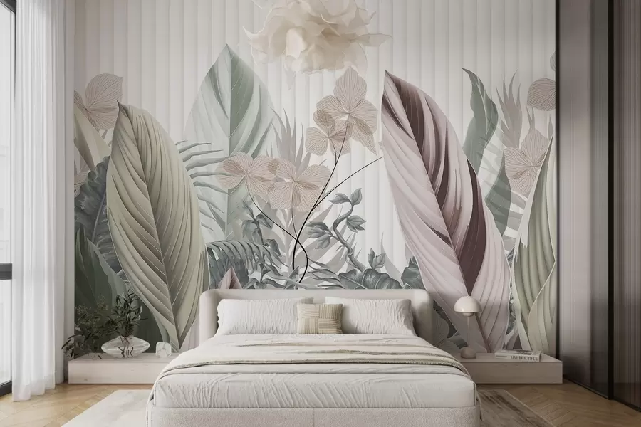 Wall Mural Photo Wallpaper Tropical leaves with soft pastel colors, light green , light pink and light brown, vertical lines in the background w08892