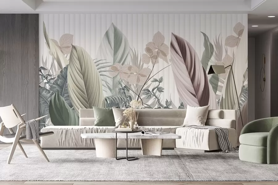 Wall Mural Photo Wallpaper Tropical leaves with soft pastel colors, light green , light pink and light brown, vertical lines in the background w08892