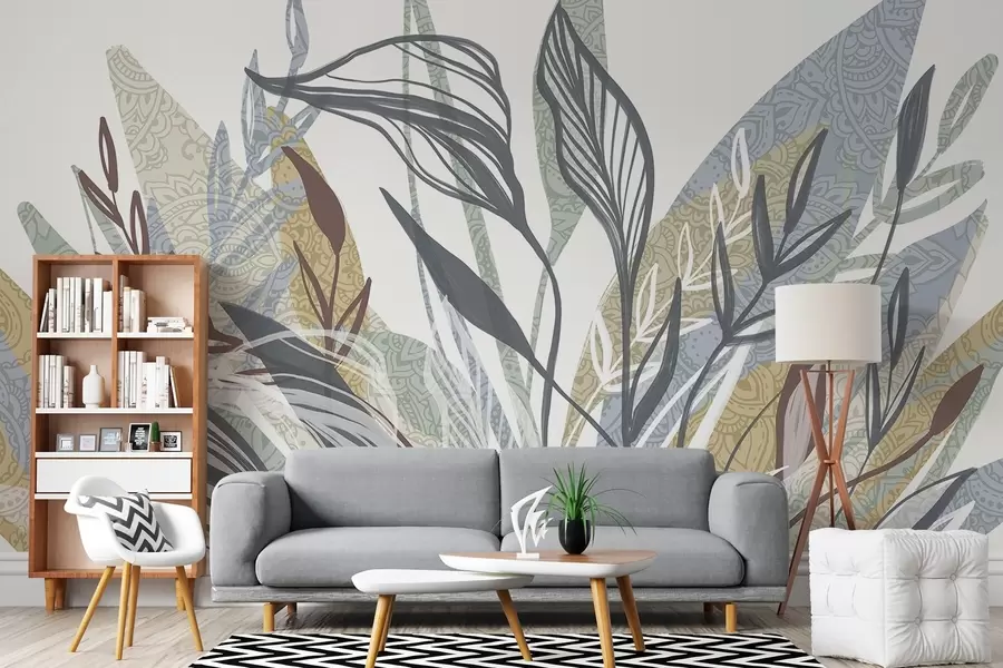 Wall Mural Photo Wallpaper A collection of leaves with different colors and sizes, some with line art, on a white background w08893