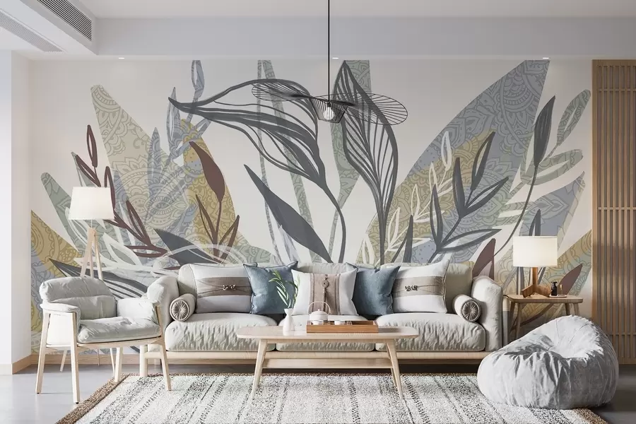 Wall Mural Photo Wallpaper A collection of leaves with different colors and sizes, some with line art, on a white background w08893