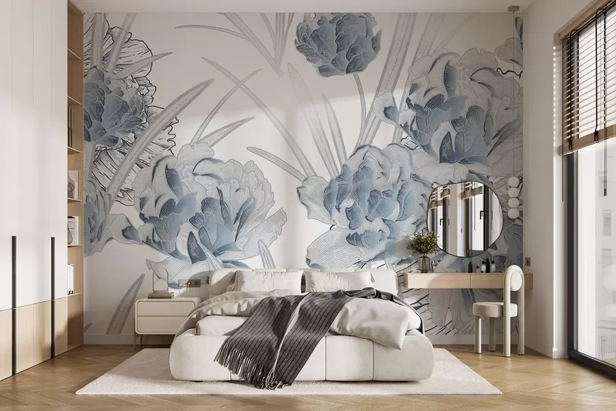 Wall Mural Photo Wallpaper Blue peonies with leaves on a white background, floral design, botanical illustration  w08896