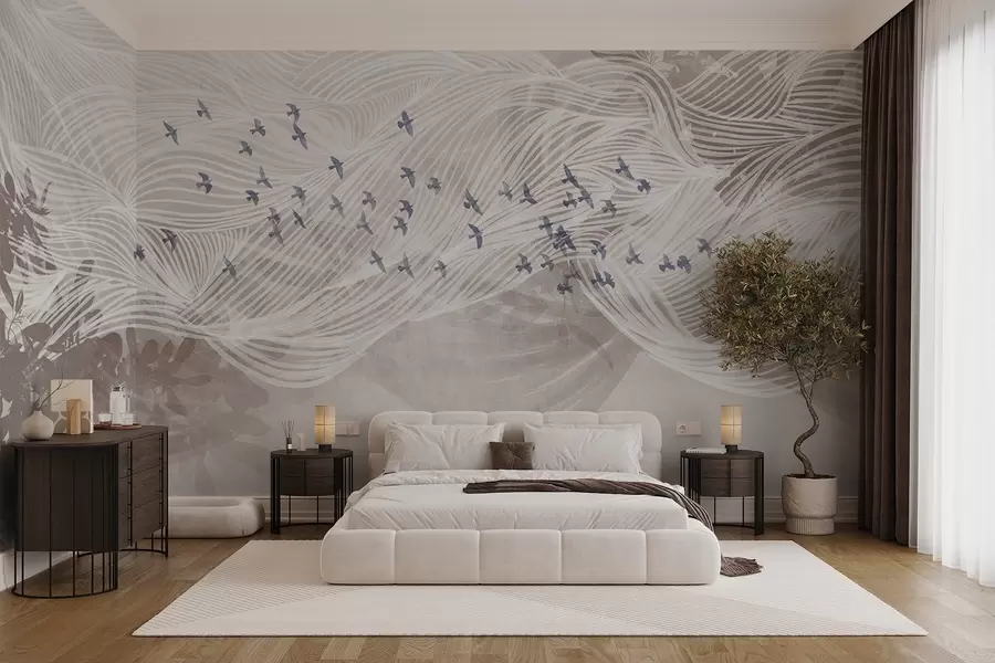 murales Bandada de pájaros volando sobre el paisaje abstracto de arte lineal ondas de color beige con textura, colores suaves , diseño minimalista w08898