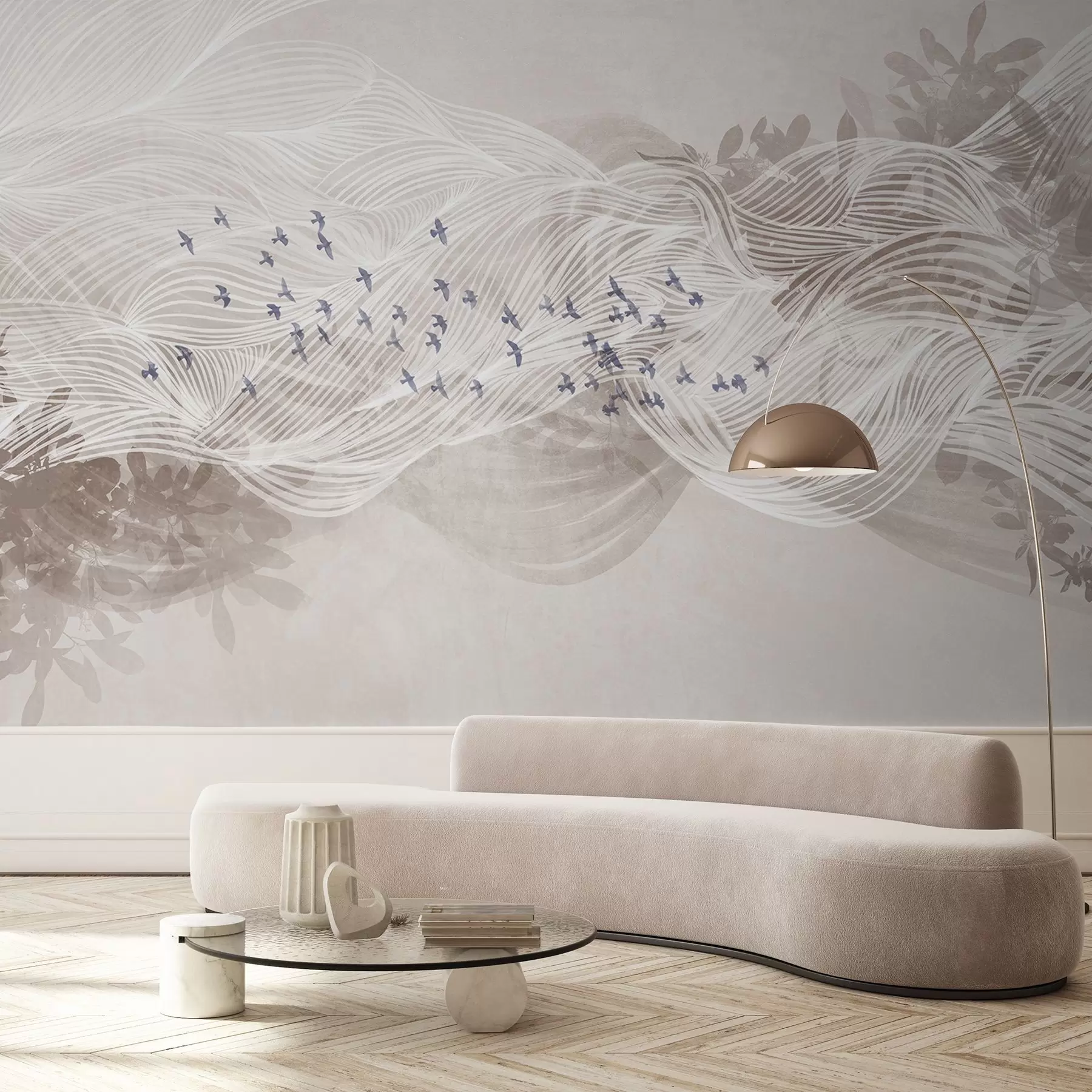 murais de parede Bando de pássaros a sobrevoar uma paisagem de arte de linhas abstractas com textura de ondas bege, cores suaves, design minimalista  w08898