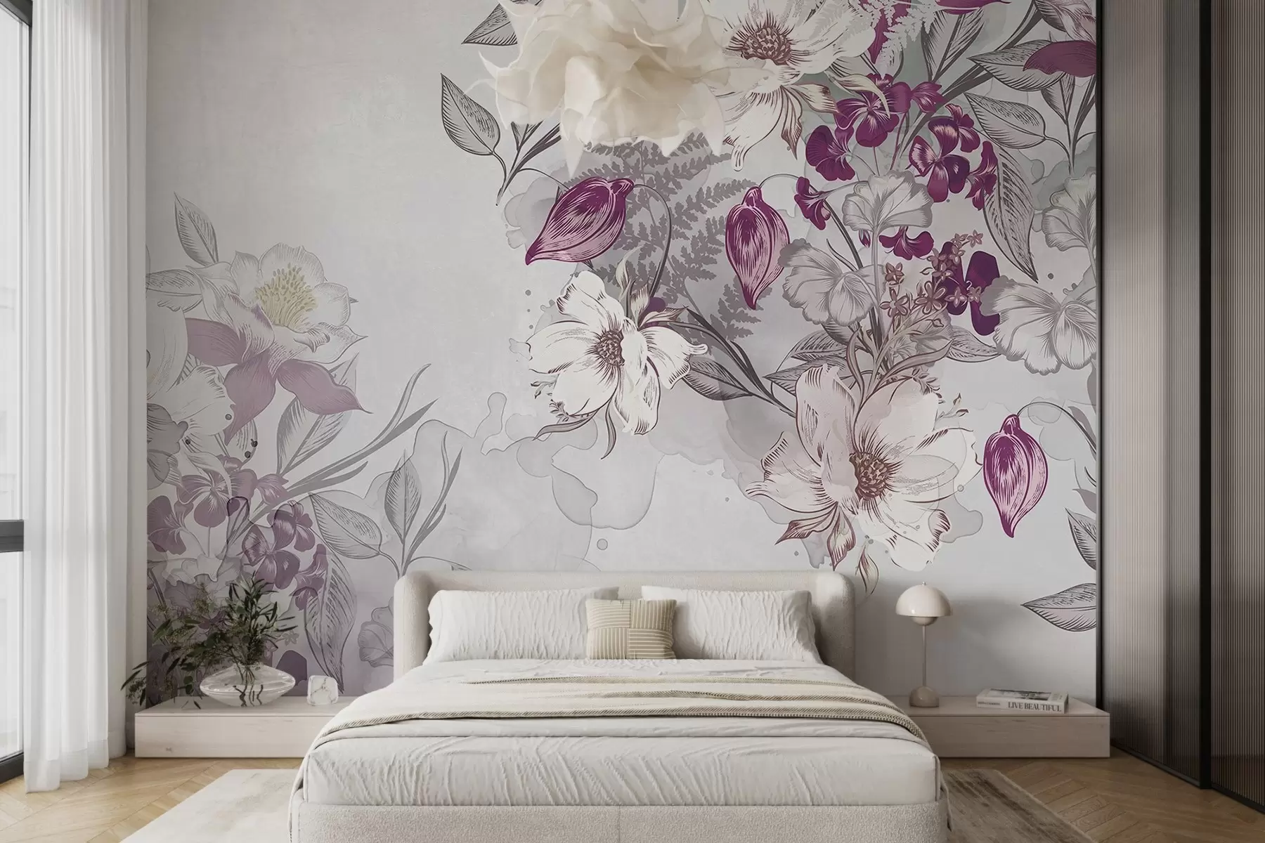 peintures murales Fleurs avec pétales, feuilles et tiges blanches et violettes, effet aquarelle, fond texturé gris clair w08899