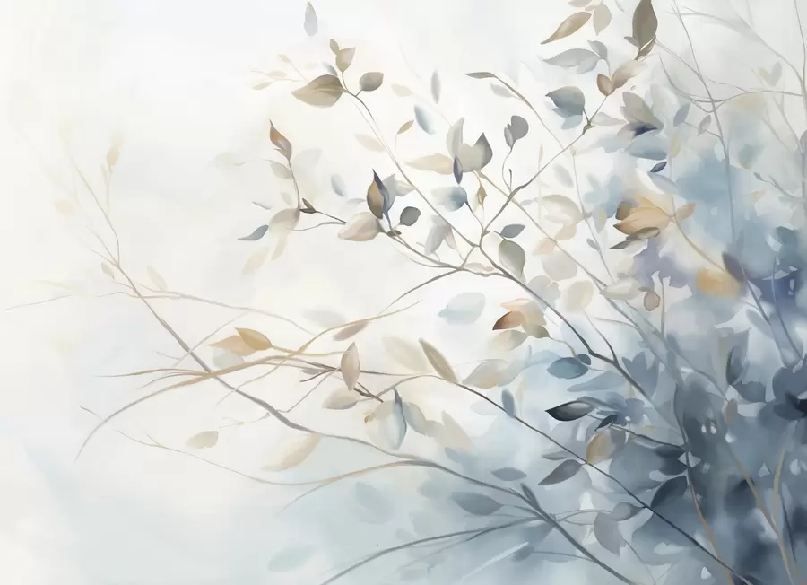 Wall Mural Photo Wallpaper Branches with leaves in blue and brown tones, light background, soft and delicate, watercolor style  w08900