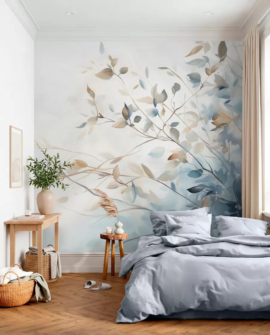 peintures murales Branches avec feuilles dans les tons bleus et bruns, fond clair, doux et délicat, style aquarelle w08900