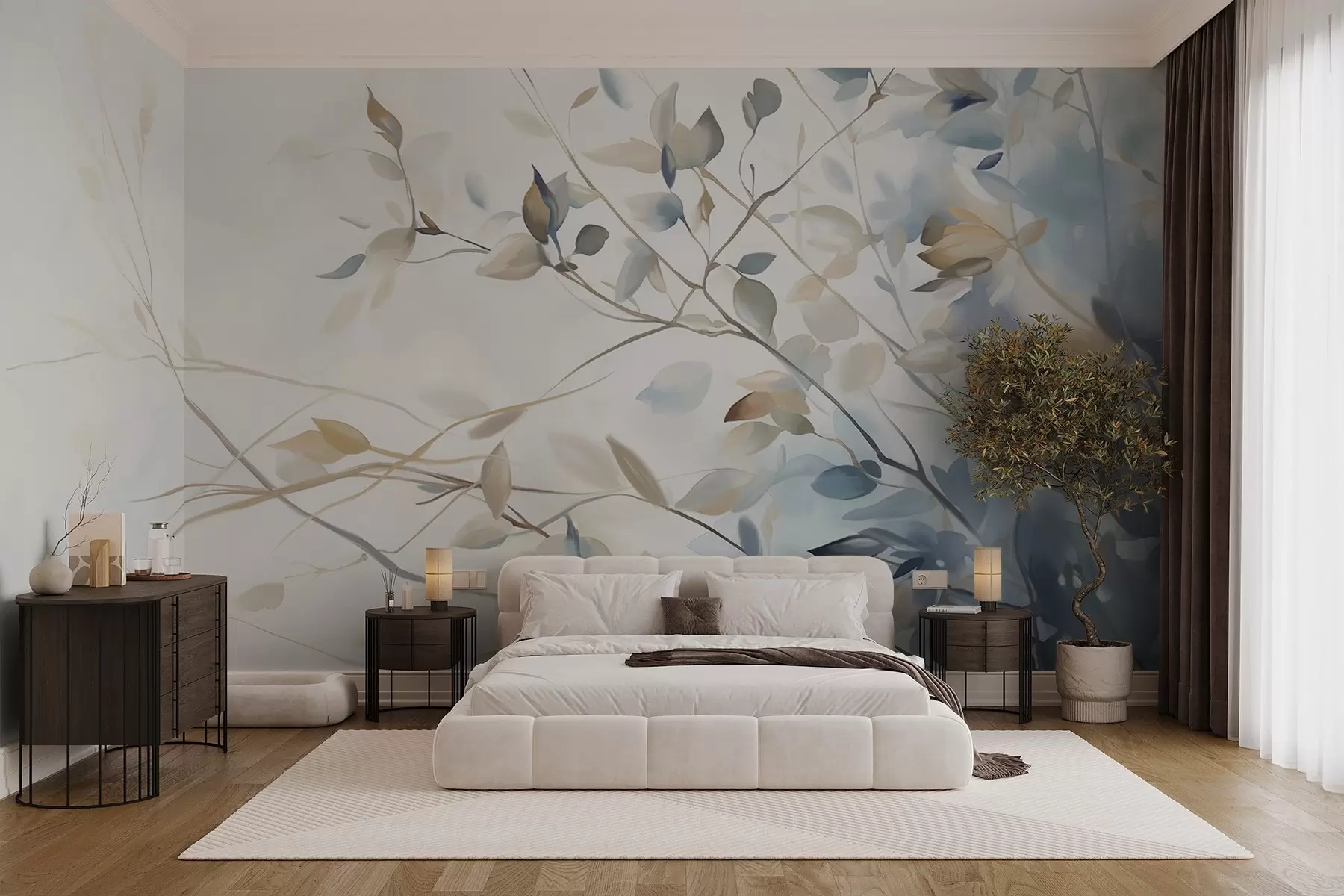 murales Ramas con hojas en tonos azules y marrones, fondo claro, suave y delicado, estilo acuarela w08900