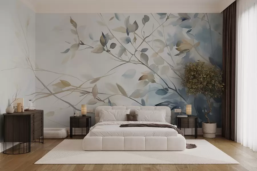 Wall Mural Photo Wallpaper Branches with leaves in blue and brown tones, light background, soft and delicate, watercolor style  w08900