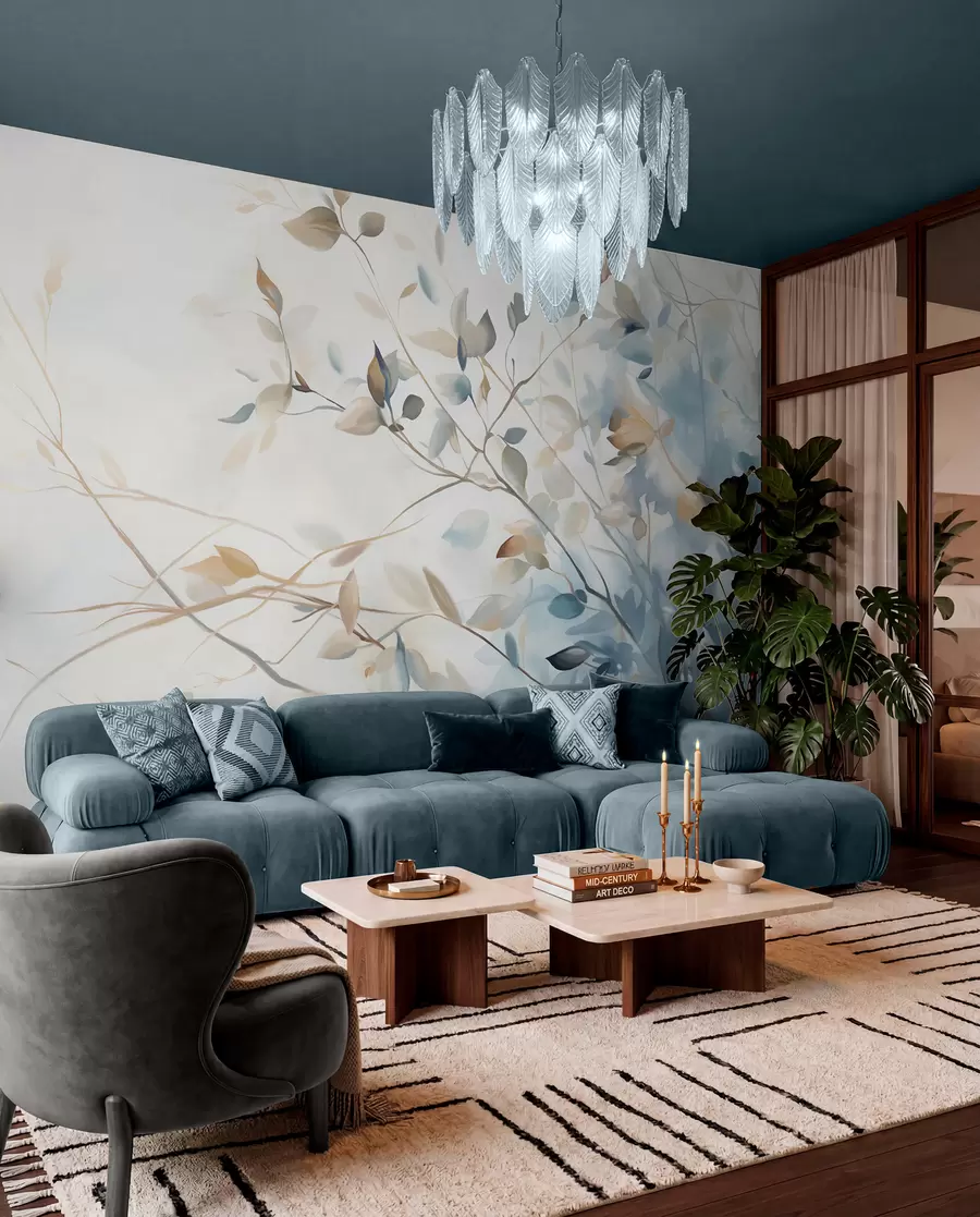 Wall Mural Photo Wallpaper Branches with leaves in blue and brown tones, light background, soft and delicate, watercolor style  w08900