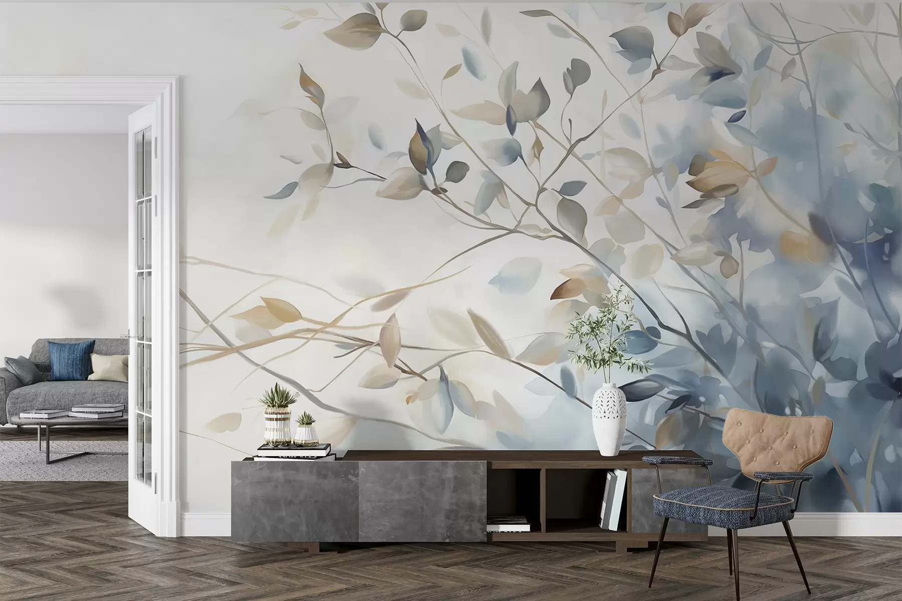 wall murals Branches with leaves in blue and brown tones, light background, soft and delicate, watercolor style w08900