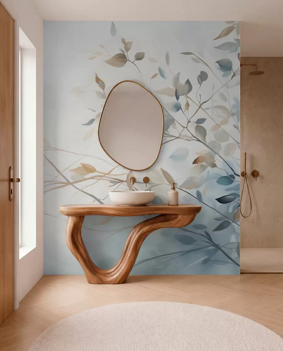 wall murals Branches with leaves in blue and brown tones, light background, soft and delicate, watercolor style w08900