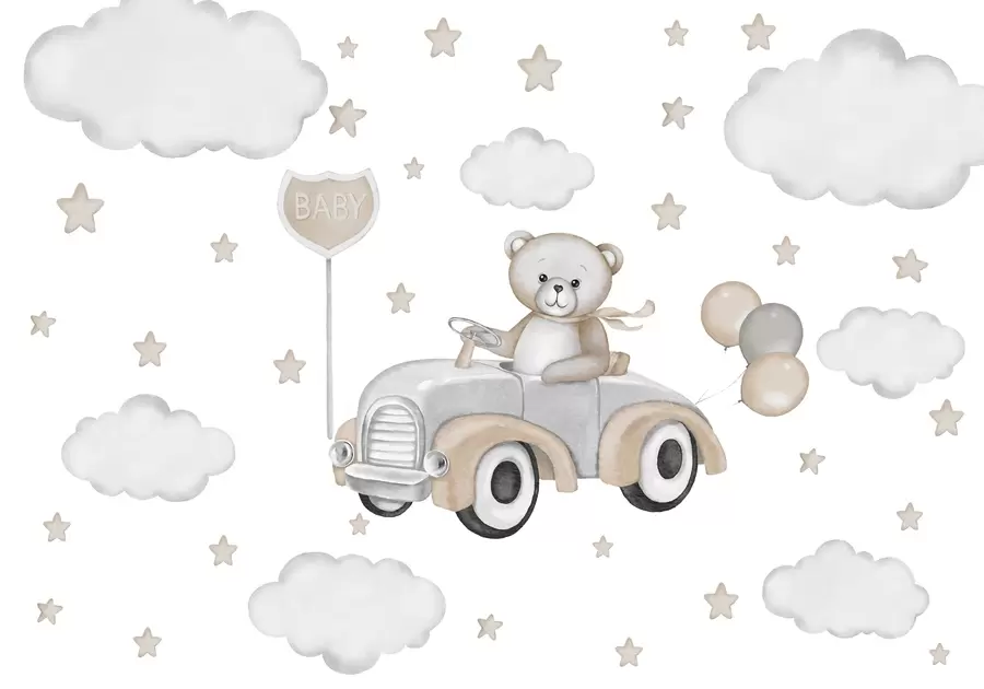 peintures murales Adorable illustration d'un ours en peluche conduisant une voiture de collection parmi les nuages et les étoiles w03382