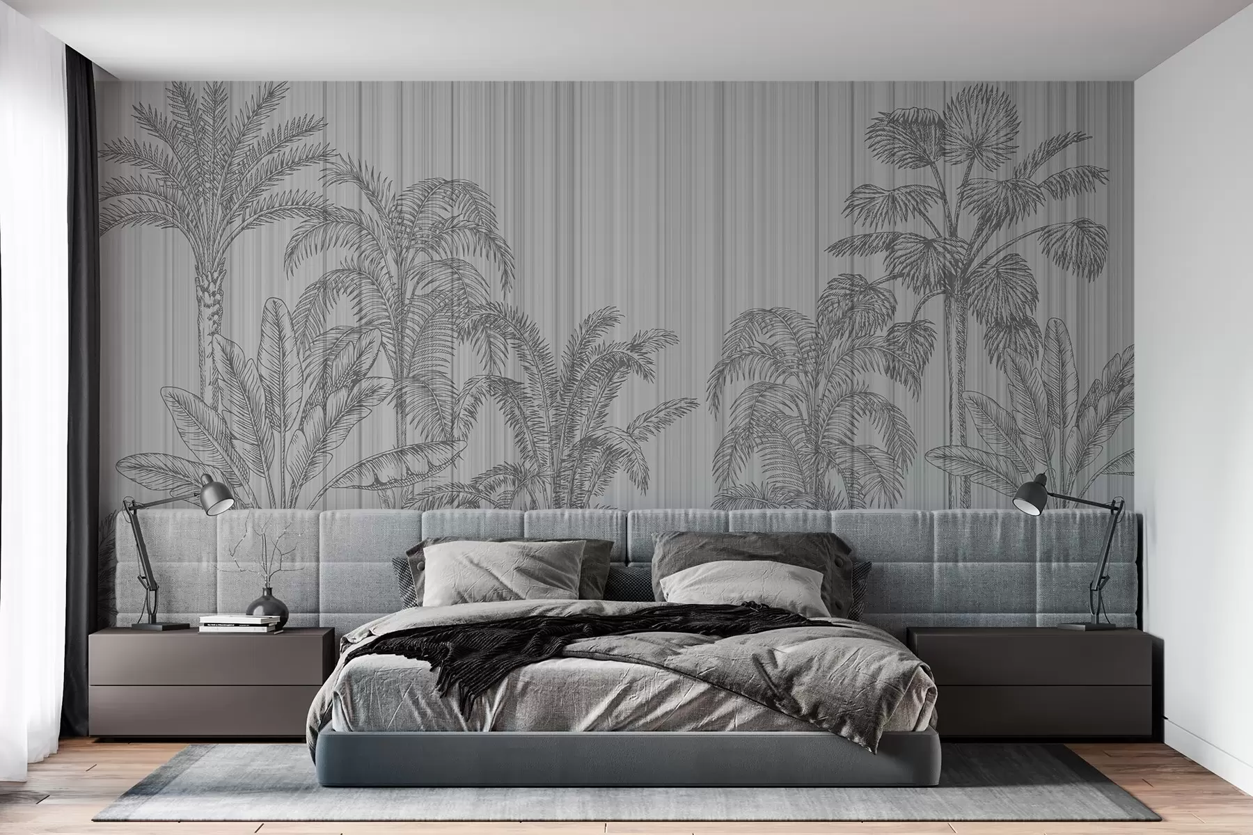 Wall Mural Photo Wallpaper Vintage illustration of tropical plants and palm trees on a textured background,grey background w03383v1