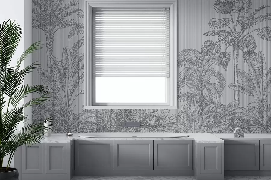 murales Ilustración vintage de plantas tropicales y palmeras sobre fondo texturizado,fondo gris w03383v1